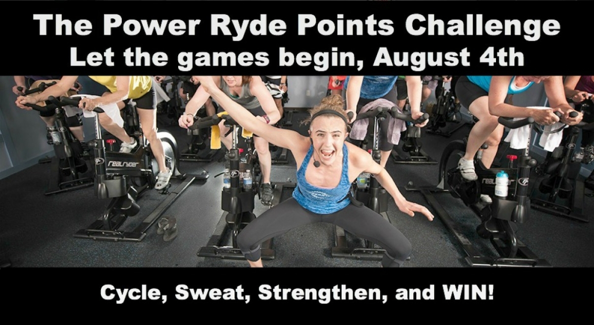 PowerRyde banner of people cycling with points challenge text